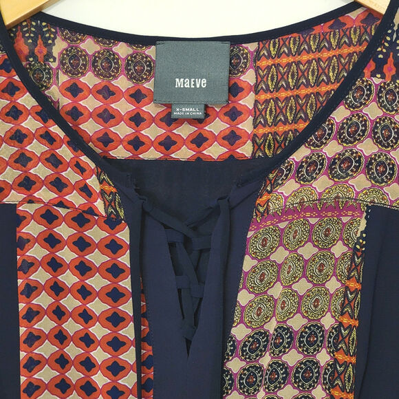 Anthropologie Maeve Peasant Patchwork Print Boho Dress Mini Navy Blue Red Tan XS - Picture 4 of 16